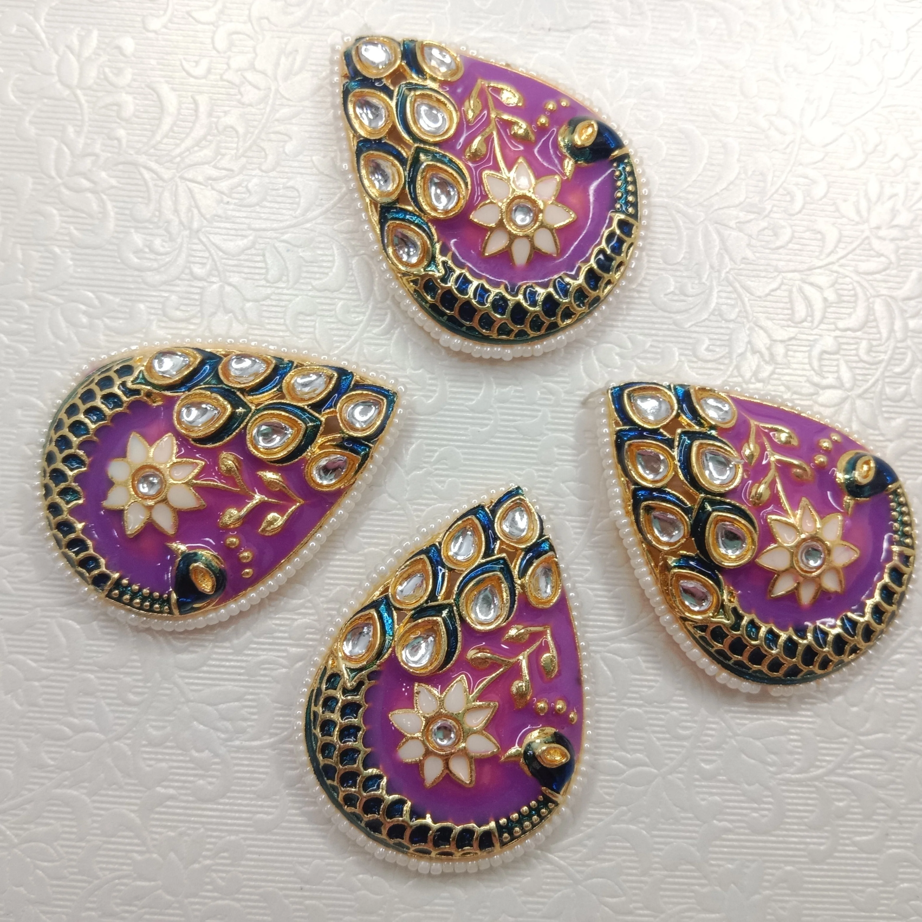 Meenakari peacock design kundan stone  pendant 4pcs