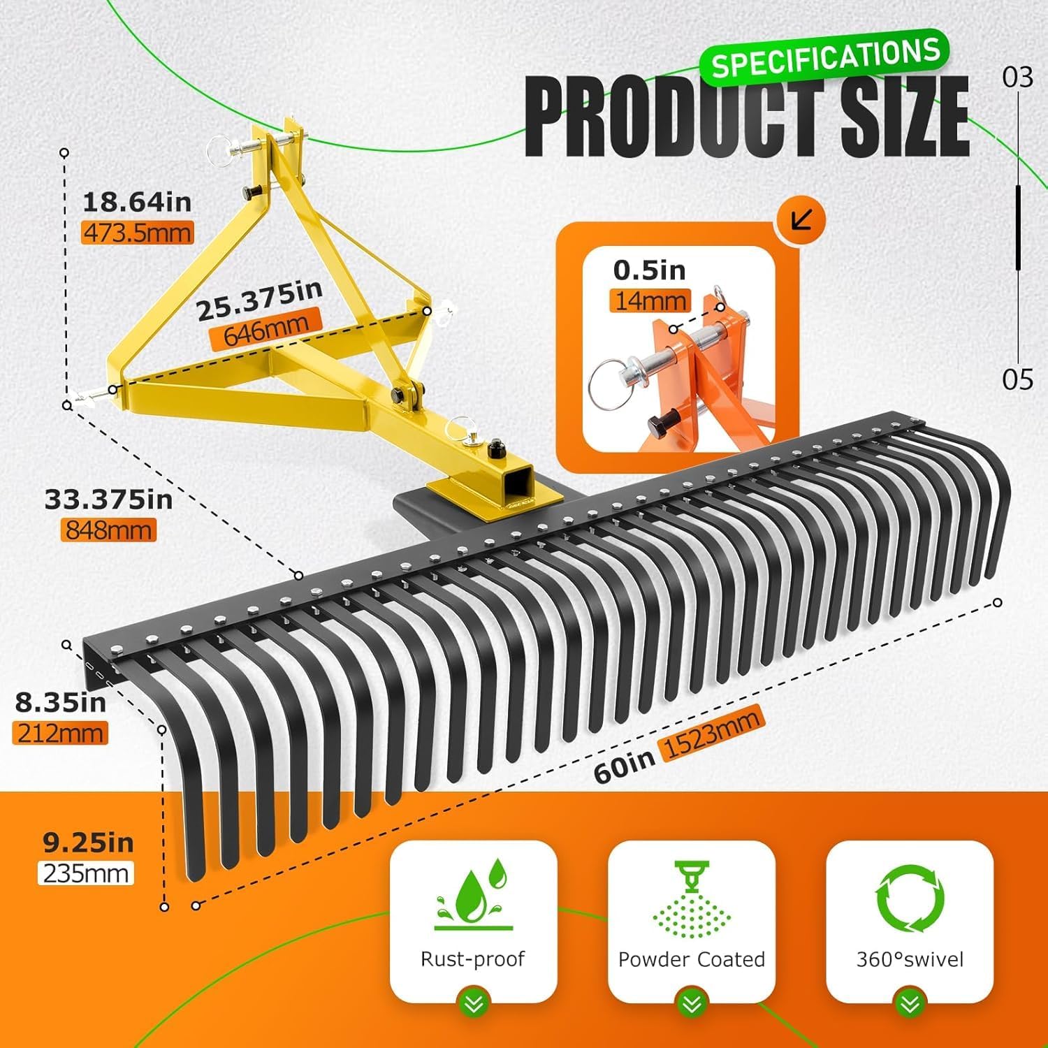 kuafu 60In Landscape Rake, 3 Point Rake, 360 Rotation – My Store