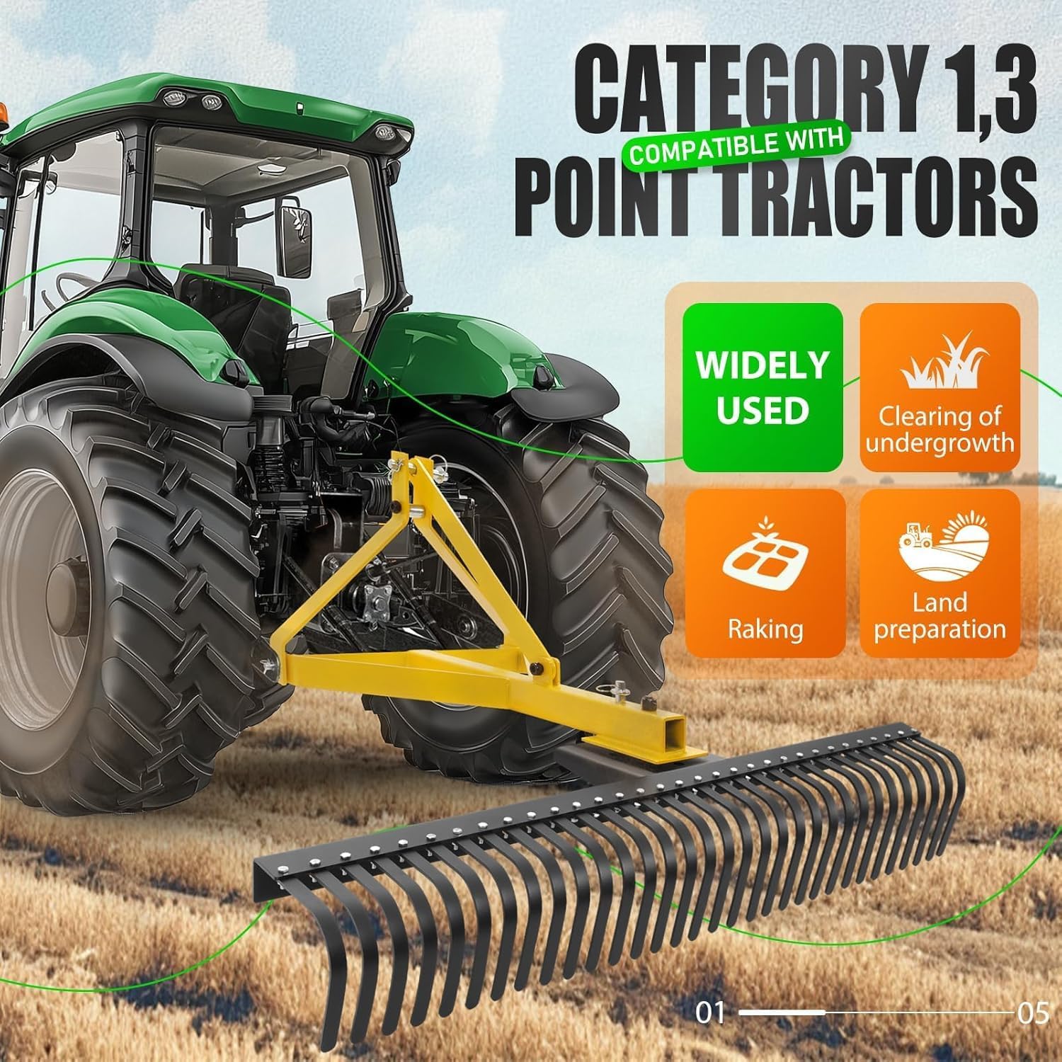 kuafu 60In Landscape Rake, 3 Point Rake, 360 Rotation – My Store